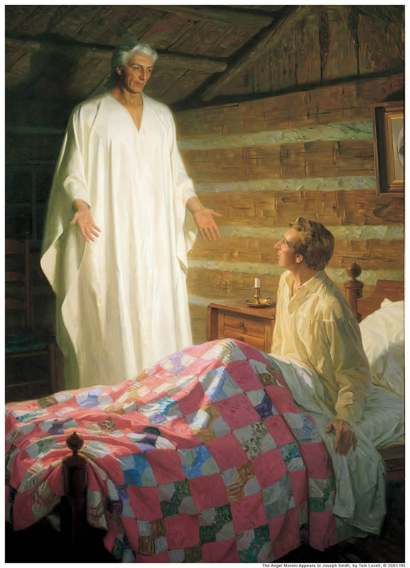 Official Mormon Story of a hot, barely dressed dude (Joseph Smith History 1: 31-32) visiting him in the night and making him promise not to tell.